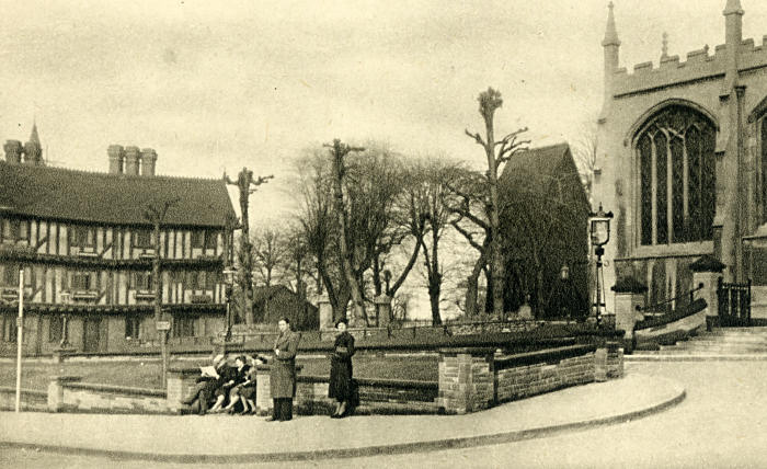 Lychgate Cottages, Trinity Church and the old Campanile c1939